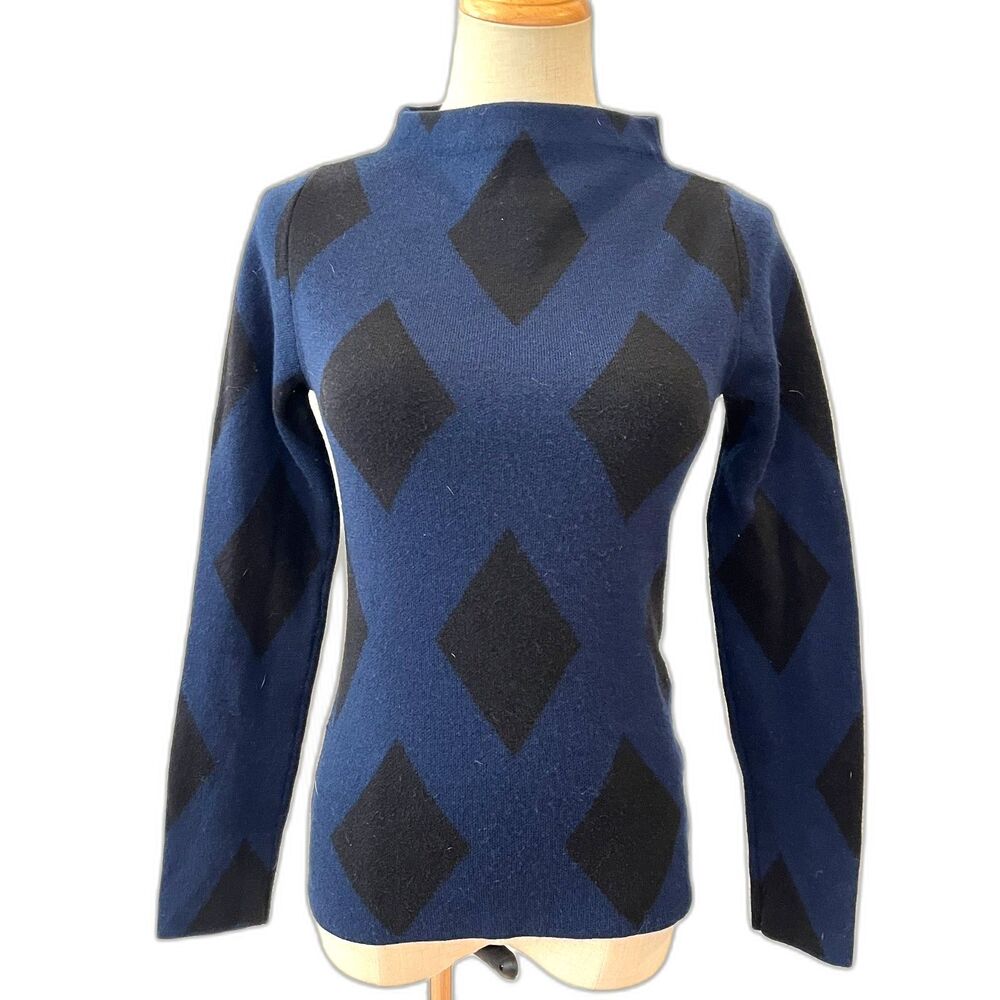 Ann Taylor Blue Black Argyle Sweater Mock Neck Diamonds XXSP Wool Blend